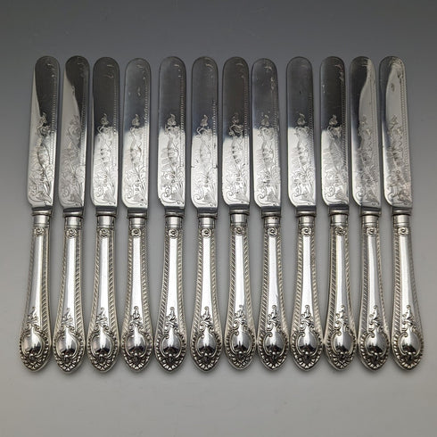 Around 1900 British antique silver plated cutlery 12 pair set in wooden box Walker & Hall